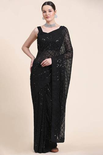 black black checked sequinned poly georgette saree