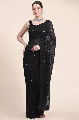 black black checked sequinned poly georgette saree