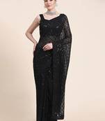 black black checked sequinned poly georgette saree
