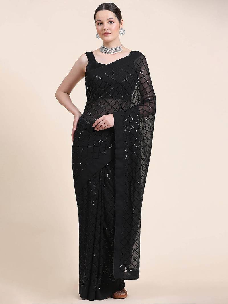black black checked sequinned poly georgette saree