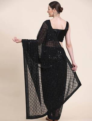 black black checked sequinned poly georgette saree 2