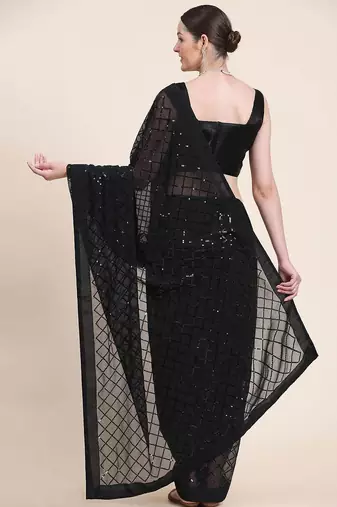 black black checked sequinned poly georgette saree