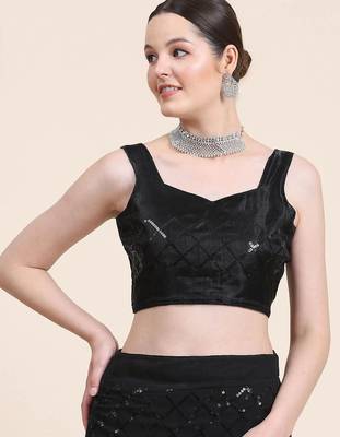 black black checked sequinned poly georgette saree 4