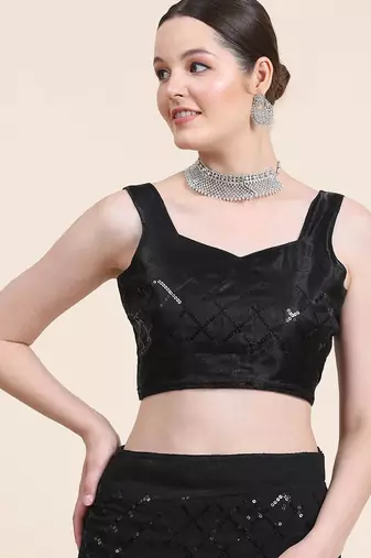 black black checked sequinned poly georgette saree