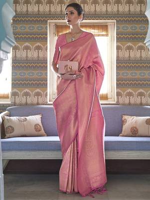 pink pink & gold-toned ethnic motifs zari silk blend kanjeevaram saree 1