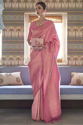 pink pink & gold-toned ethnic motifs zari silk blend kanjeevaram saree