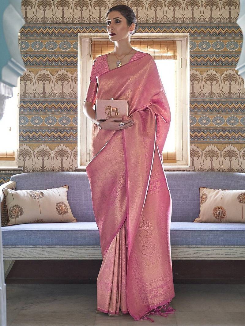 pink pink & gold-toned ethnic motifs zari silk blend kanjeevaram saree