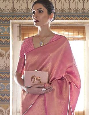 pink pink & gold-toned ethnic motifs zari silk blend kanjeevaram saree 2