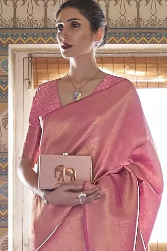 pink pink & gold-toned ethnic motifs zari silk blend kanjeevaram saree