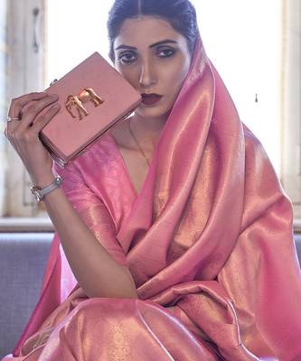 pink pink & gold-toned ethnic motifs zari silk blend kanjeevaram saree 3