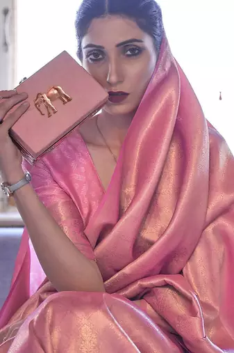 pink pink & gold-toned ethnic motifs zari silk blend kanjeevaram saree