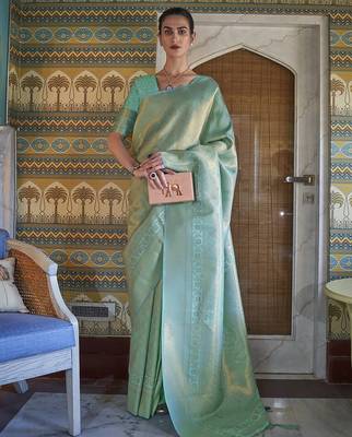 sea_green sea green & gold-toned ethnic motifs zari saree 1