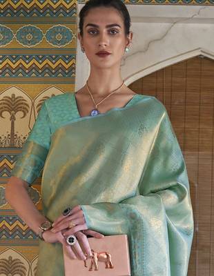 sea_green sea green & gold-toned ethnic motifs zari saree 3