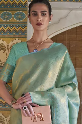 sea_green sea green & gold-toned ethnic motifs zari saree