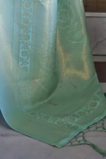 sea_green sea green & gold-toned ethnic motifs zari saree