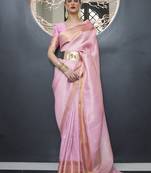 pink pink & gold-toned ethnic motifs zari silk blend banarasi saree
