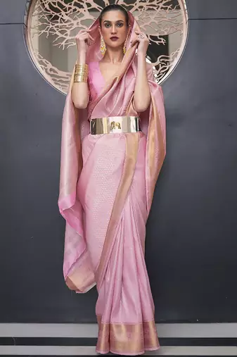 pink pink & gold-toned ethnic motifs zari silk blend banarasi saree