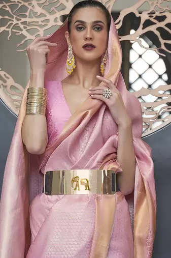 pink pink & gold-toned ethnic motifs zari silk blend banarasi saree