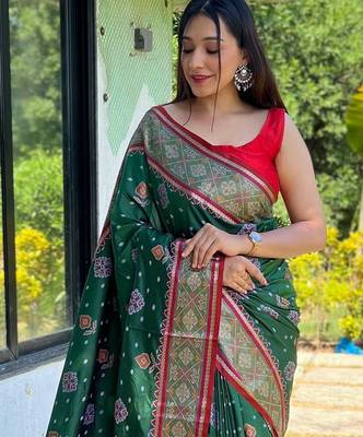 green green & pink woven design ethnic motifs zari silk blend patola saree 2