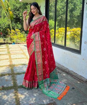 red red & green woven design zari patola saree 1