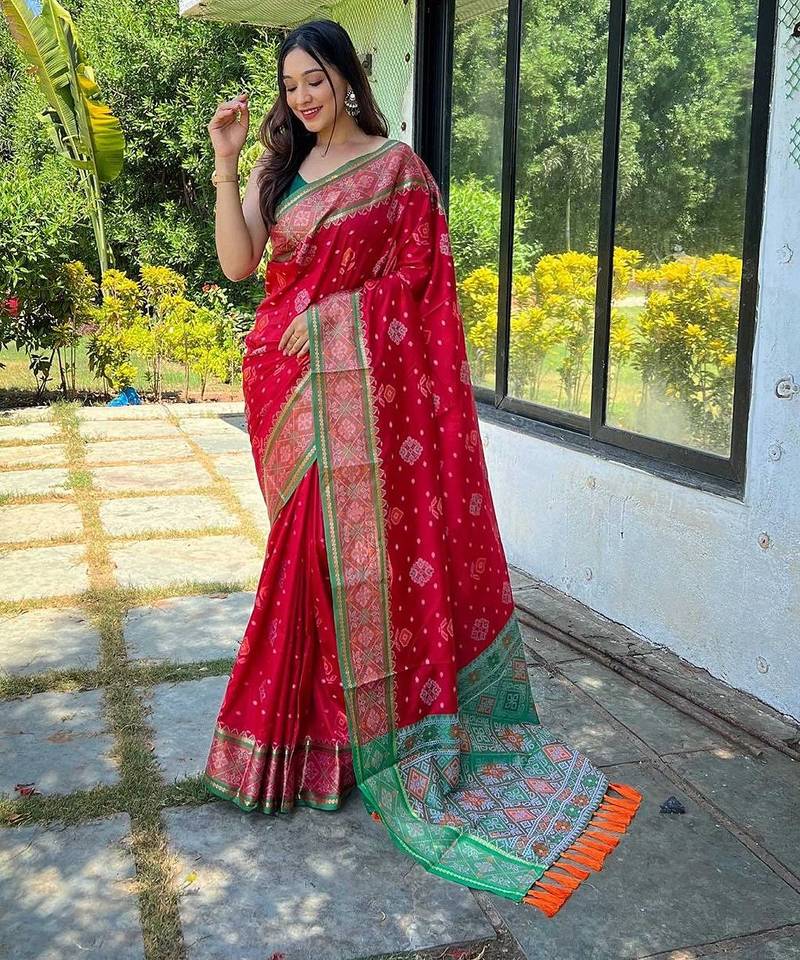 red red & green woven design zari patola saree