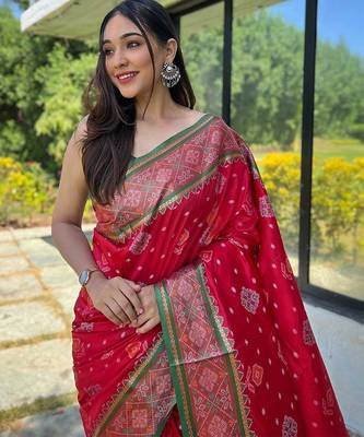 red red & green woven design zari patola saree 2