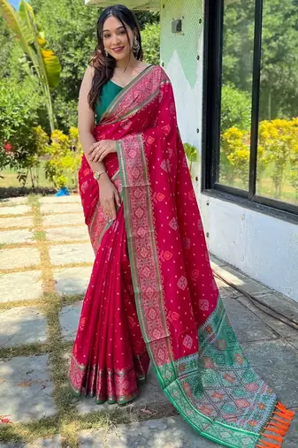 pink pink & green woven design zari patola saree
