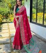pink pink & green woven design zari patola saree