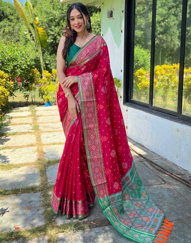 pink pink & green woven design zari patola saree
