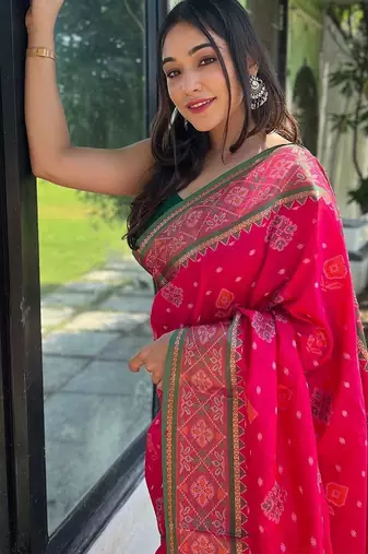 pink pink & green woven design zari patola saree
