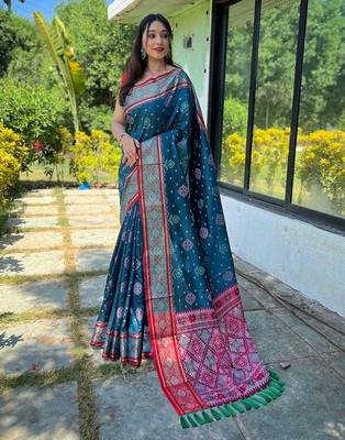 teal teal & red ethnic motifs woven design zari patola saree 1