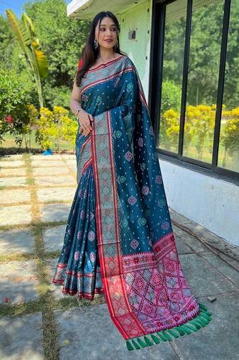 teal teal & red ethnic motifs woven design zari patola saree