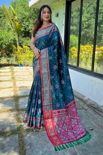 teal teal & red ethnic motifs woven design zari patola saree
