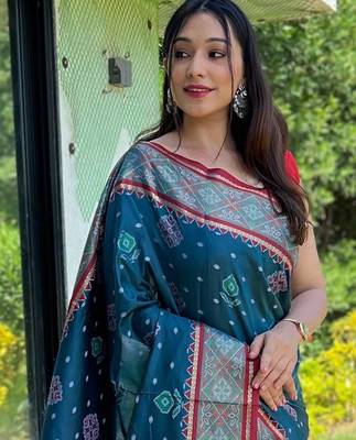 teal teal & red ethnic motifs woven design zari patola saree 2