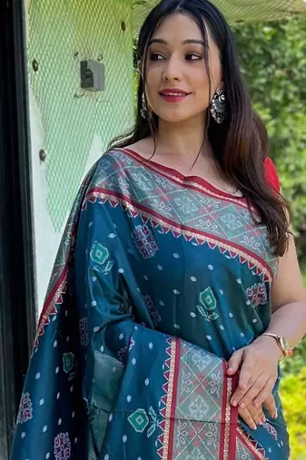 teal teal & red ethnic motifs woven design zari patola saree