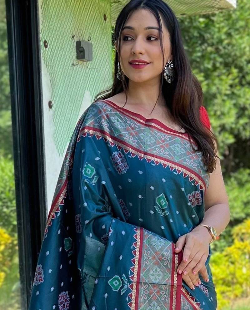 teal teal & red ethnic motifs woven design zari patola saree