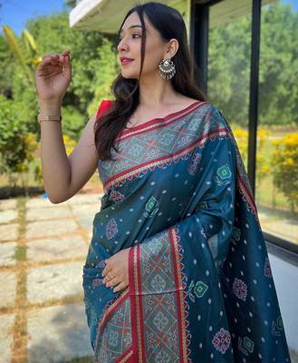 teal teal & red ethnic motifs woven design zari patola saree 3