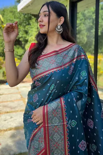 teal teal & red ethnic motifs woven design zari patola saree