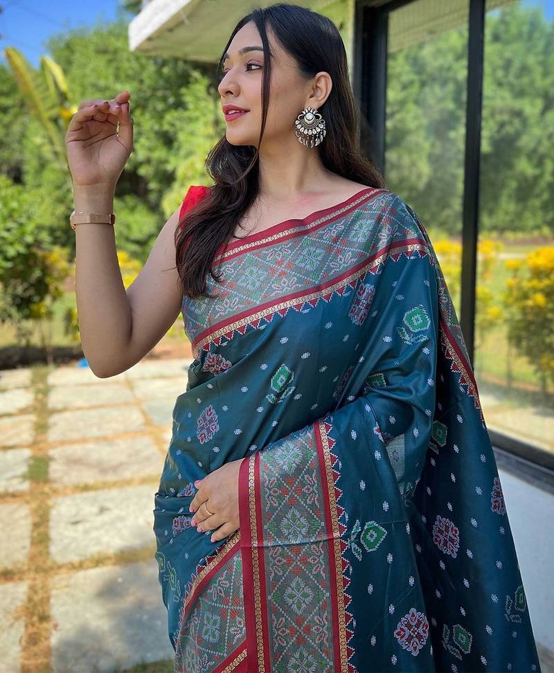 teal teal & red ethnic motifs woven design zari patola saree