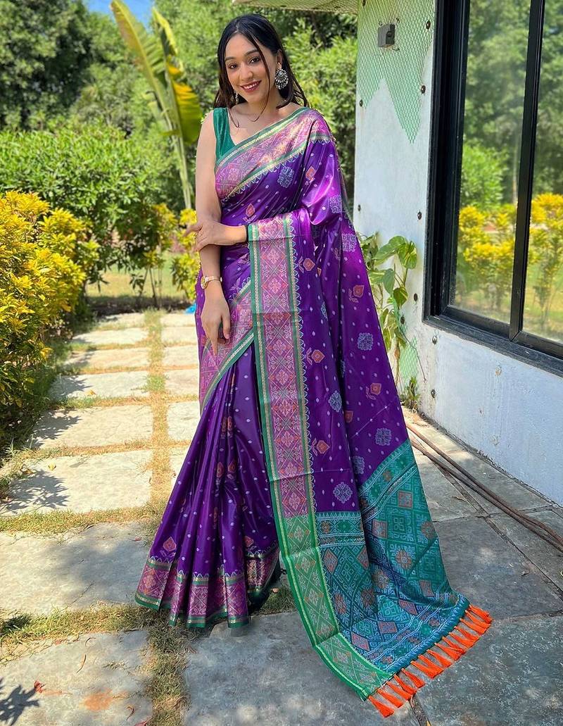 purple purple & green woven design zari patola saree