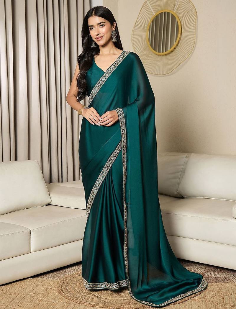 teal satin ready to wear saree