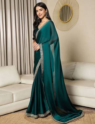 teal satin ready to wear saree 2