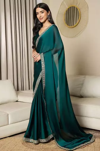 teal satin ready to wear saree