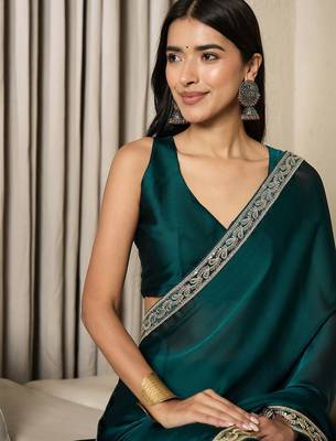 teal satin ready to wear saree 4