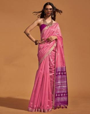 pink ethnic motifs woven design zari banarasi saree 2