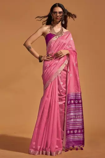 pink ethnic motifs woven design zari banarasi saree