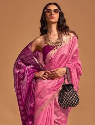pink ethnic motifs woven design zari banarasi saree 3