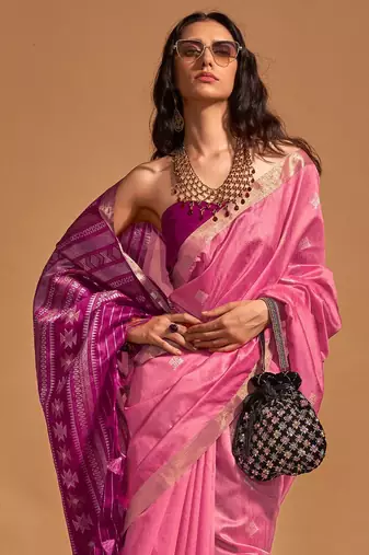 pink ethnic motifs woven design zari banarasi saree