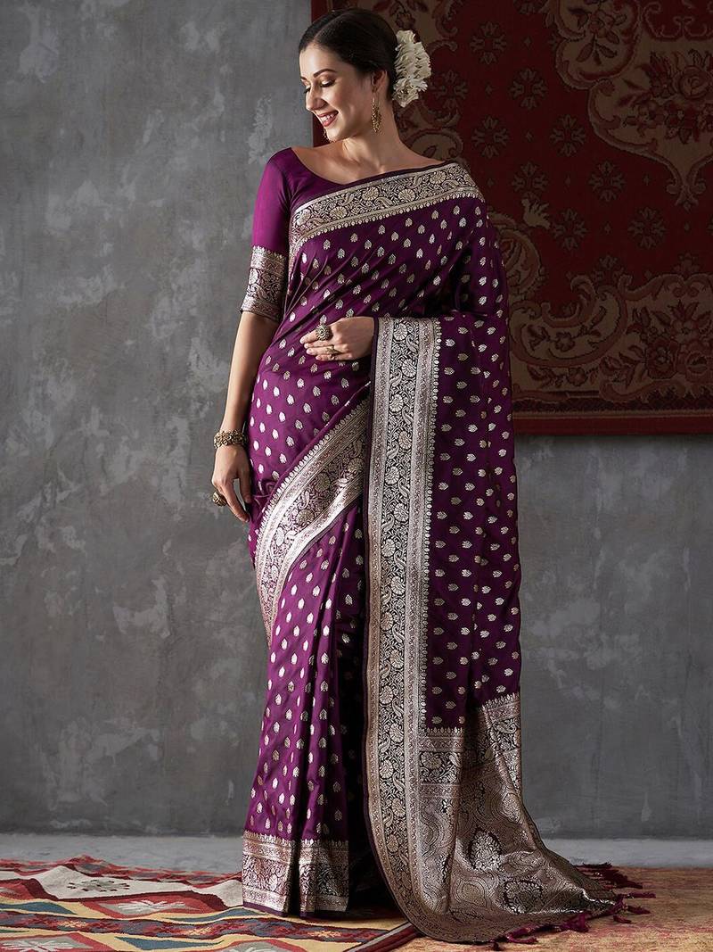 purple ethnic motifs woven design zari kanjeevaram saree