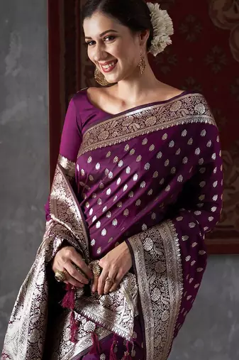 purple ethnic motifs woven design zari kanjeevaram saree